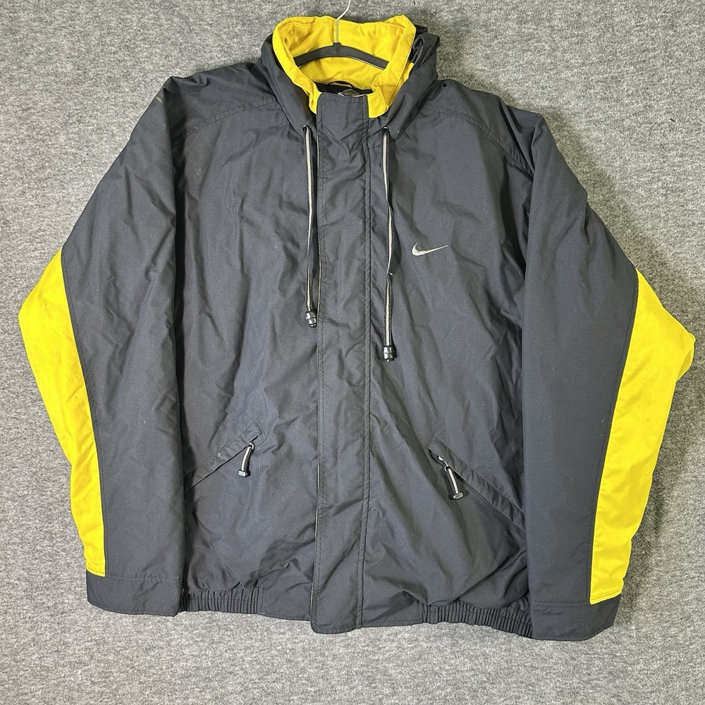 NIke Parka Jacket Men's Size 2XL Black‎ Yellow Coat Roll Up Hood Vintage Winter